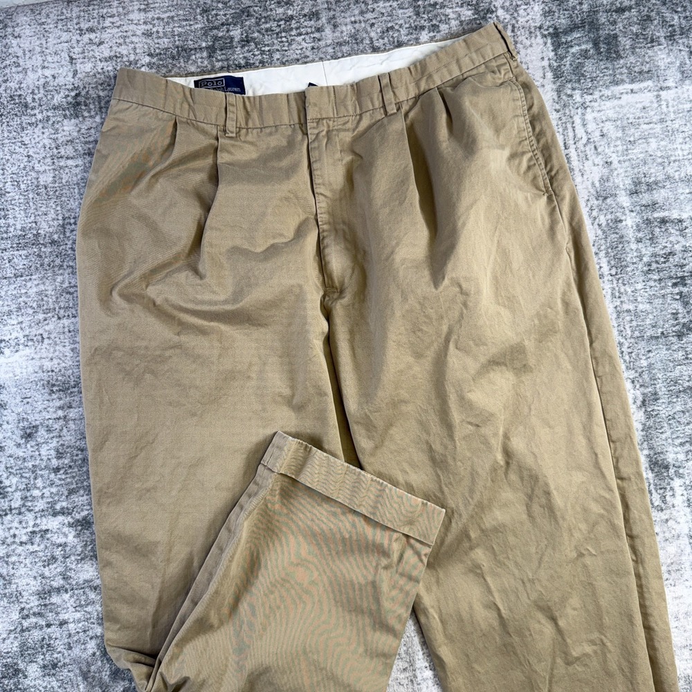 VTG Polo Ralph Lauren Pants Mens 40x30 Khaki Double Pleated Trouser Old Money